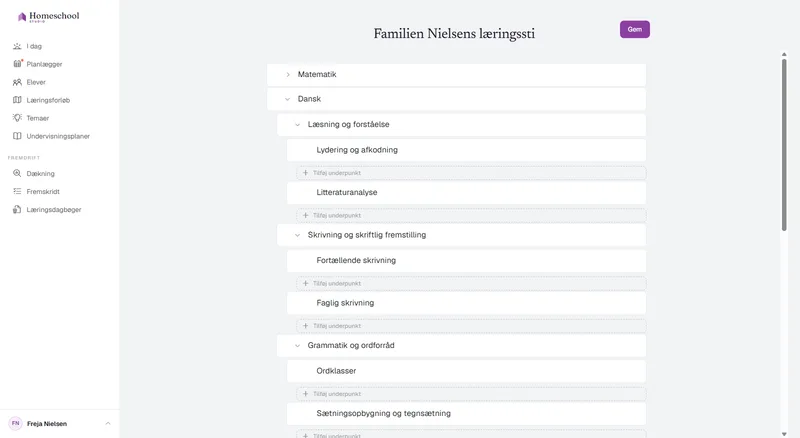 Trævisningseditoren til læringsforløbet: Matematik, Sprog & Litteratur med Læsning, Skrivning og Grammatik nedenunder, Naturfag, og Historie & Geografi foldet ud i Verdenshistorie – bygget så dybt, som familien har brug for, uden klassetrin.