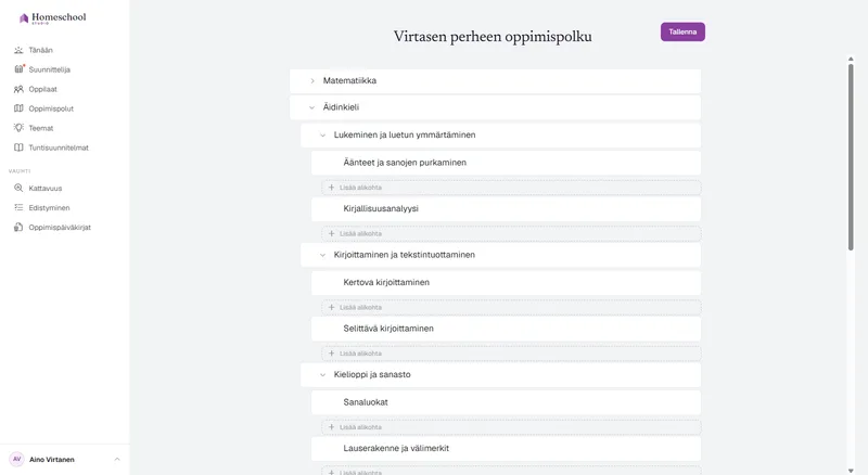 Oppimispolun puurakenteen muokkain: Matematiikka, Äidinkieli, jonka alla Lukeminen, Kirjoittaminen ja Kielioppi, Luonnontieteet sekä Historia ja maantiede avattuna Maailmanhistoriaan – rakennettu niin syvälle kuin perhe tarvitsee, ilman luokka-asteita.
