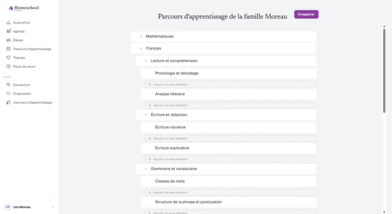 L'éditeur arborescent du parcours d'apprentissage : Mathématiques, Français avec Lecture, Écriture et Grammaire en dessous, Sciences, et Histoire-géographie dépliée en Histoire du monde – construit aussi en profondeur que la famille en a besoin, sans niveaux scolaires.