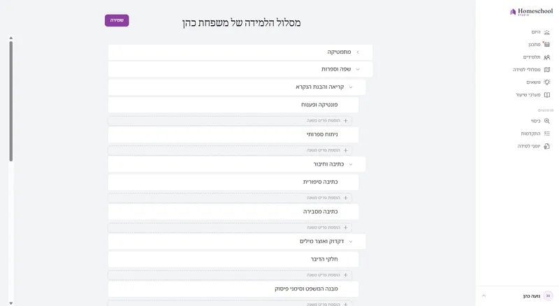 עורך עץ מסלול הלמידה: מתמטיקה, לשון עם קריאה, כתיבה ודקדוק תחתיה, מדעים, והיסטוריה וגאוגרפיה שנפתחת להיסטוריה עולמית – בנוי לעומק שהמשפחה צריכה, בלי רמות כיתה.