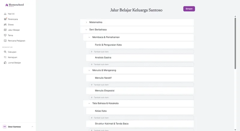 Editor pohon jalur belajar: Matematika, Seni Bahasa dengan Membaca, Menulis, dan Tata Bahasa di bawahnya, Sains, serta Sejarah & Geografi yang diperluas menjadi Sejarah Dunia – dibangun sedalam yang dibutuhkan keluarga, tanpa tingkat kelas.