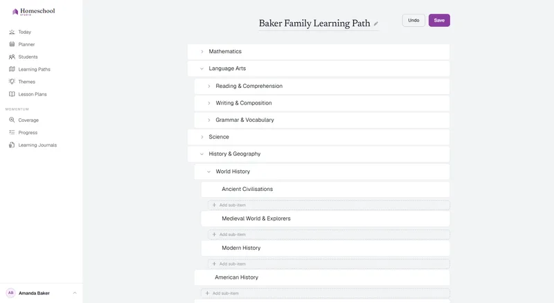 The learning path tree editor: Mathematics, Language Arts with Reading, Writing and Grammar beneath it, Science, and History & Geography expanded into World History – built as deep as the family needs, with no grade levels.