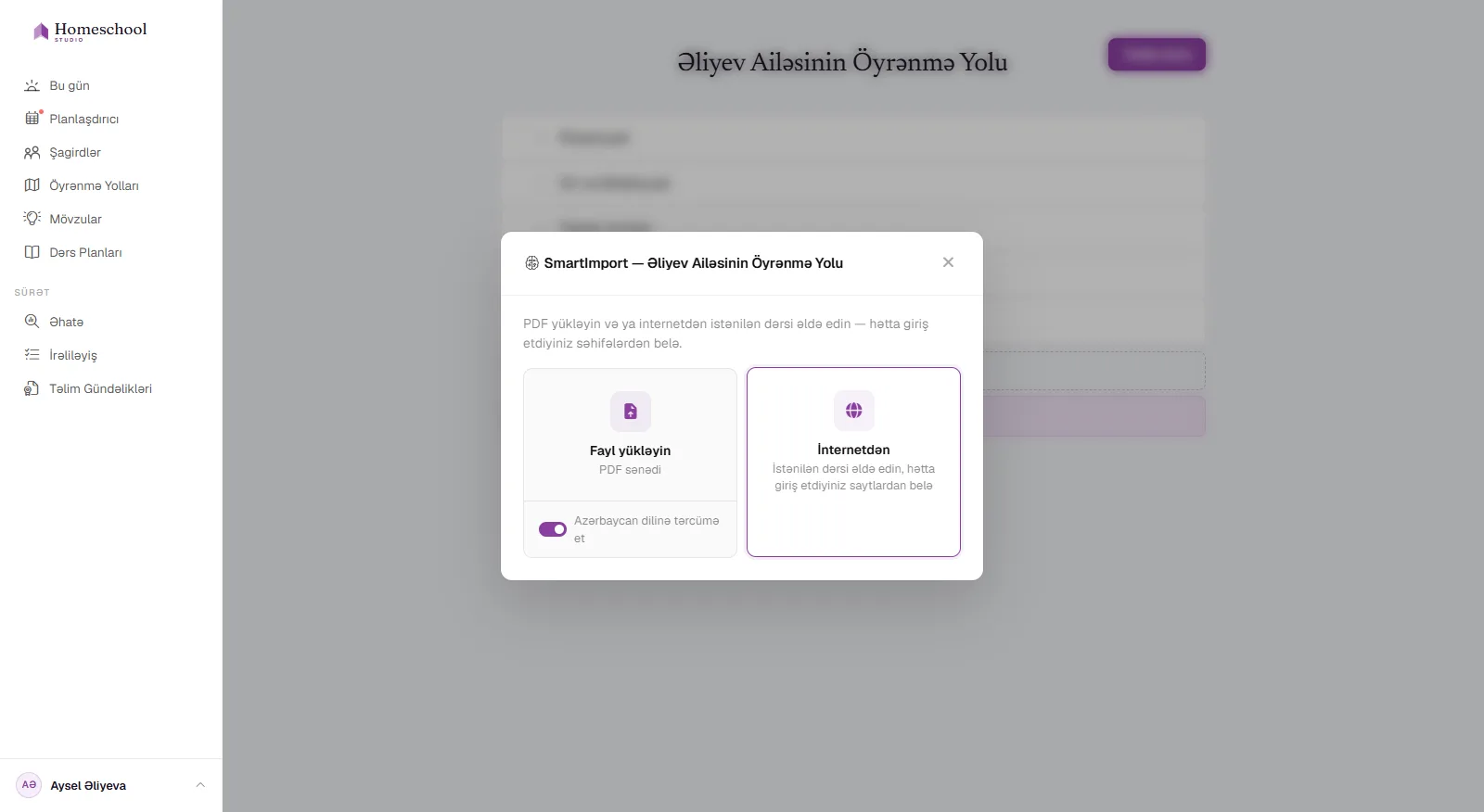 SmartImporter dialoqu: PDF, Word və ya cədvəl daxil edin – və ya internetdən bir dərs əldə edin – tərcümə açarı ilə, və kurikulum strukturu sizin üçün qurulur.