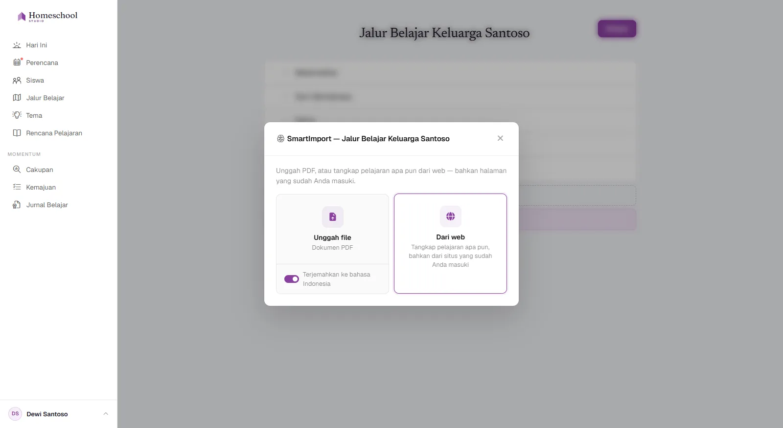 Dialog SmartImporter: jatuhkan PDF, Word, atau spreadsheet – atau tangkap pelajaran dari web – dengan tombol terjemahan, dan struktur kurikulum dibangun untuk Anda.